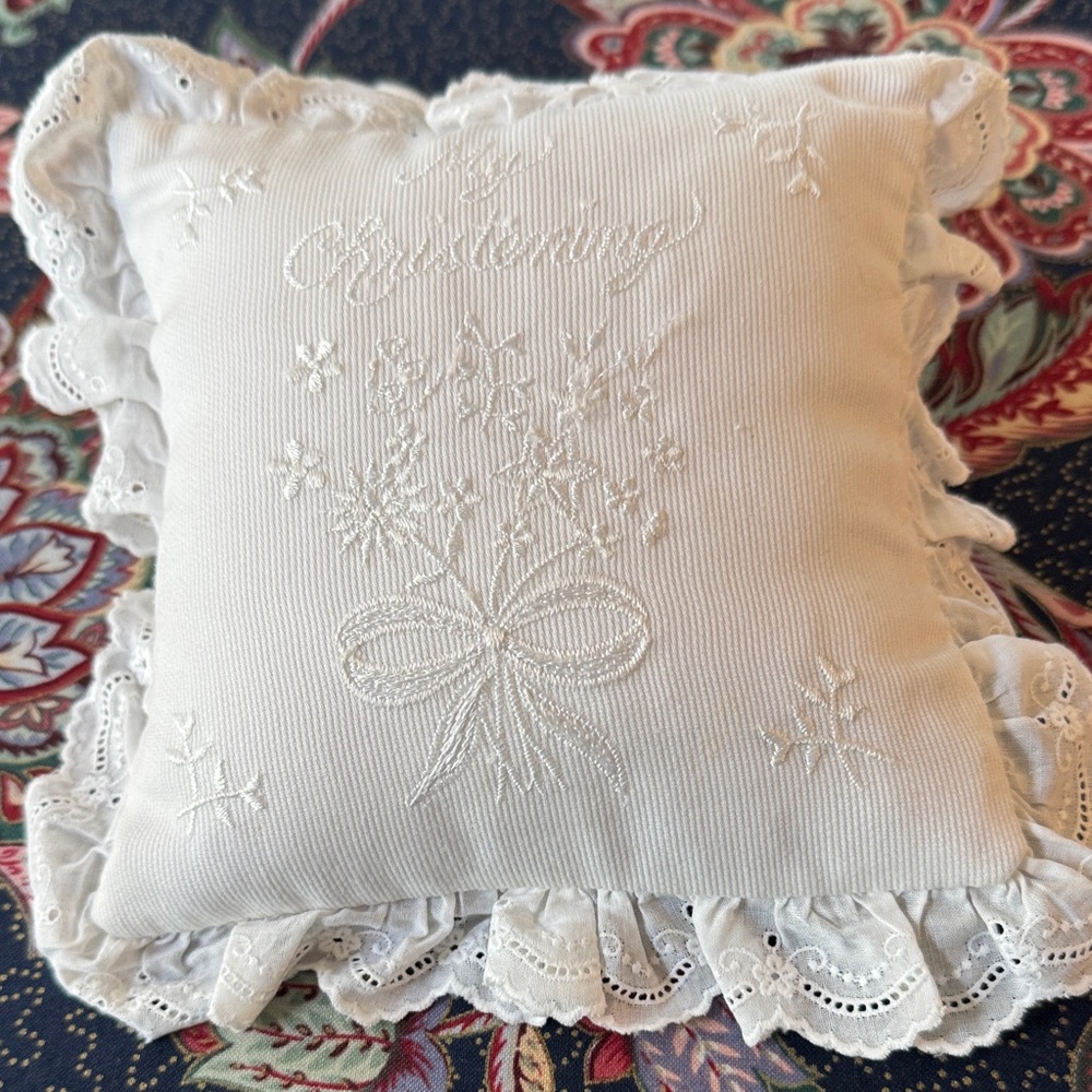 Charming White Embroidered Baby Christening Music Box Pillow
